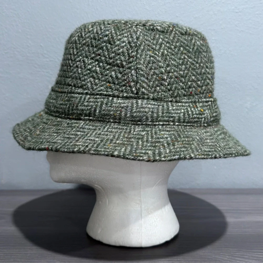 Vtg Hanna Hats Donegal Ireland Green Herringbone Wool Walking Hat Feather Mens M